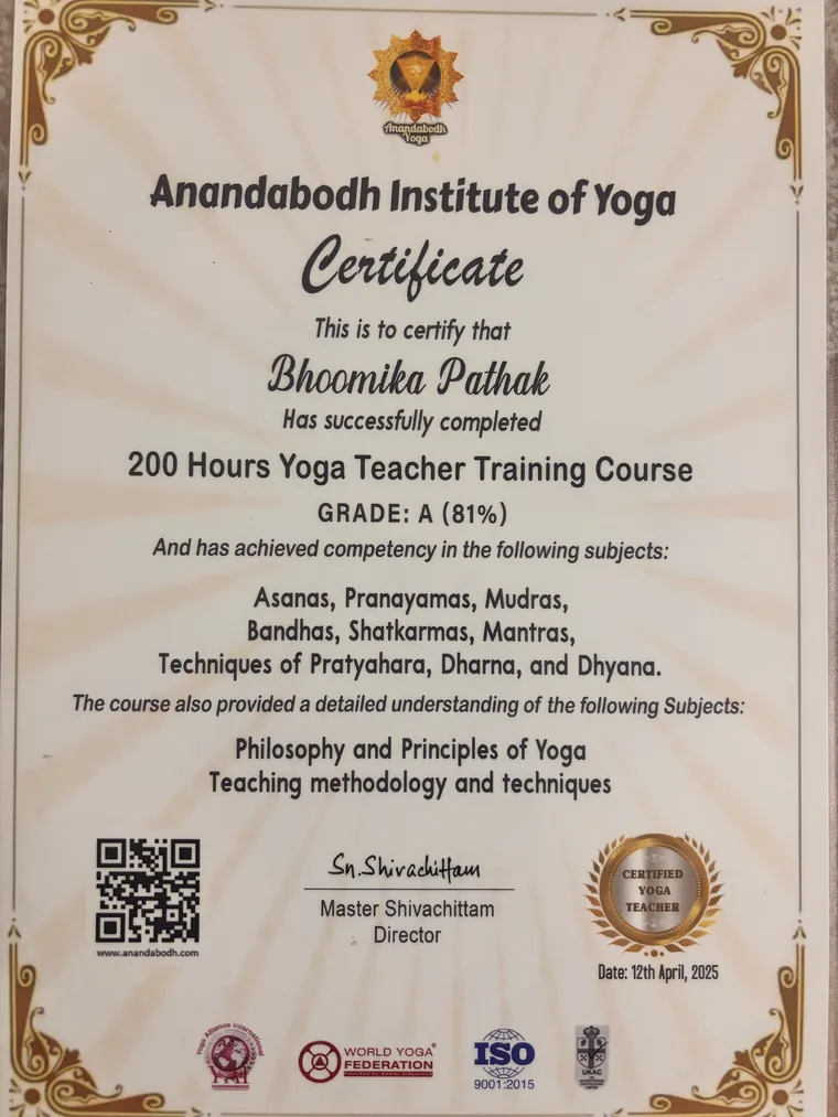 200 hour Yoga Teacher Training certificate, Anandabodh Institute of Yoga