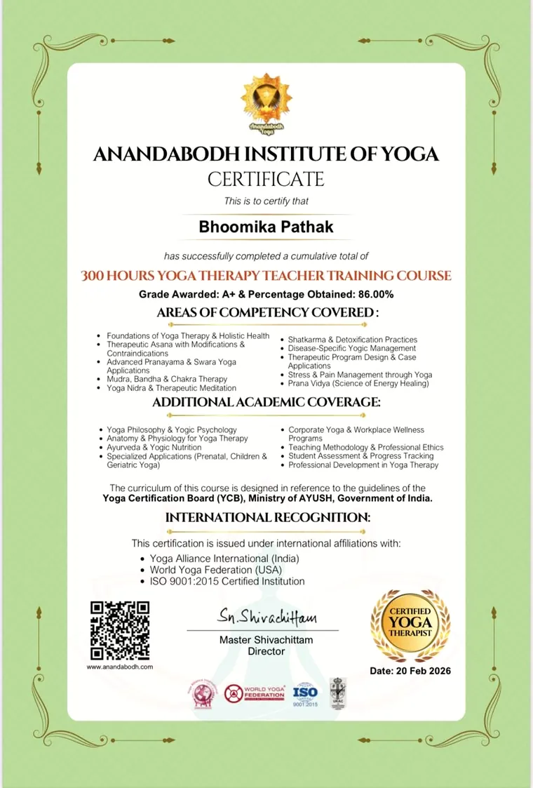 300 hour Yoga Therapy Teacher Training certificate, Anandabodh Institute of Yoga