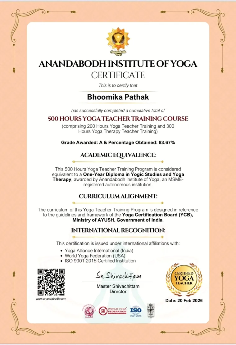 500 hour Yoga Teacher Training certificate, Anandabodh Institute of Yoga